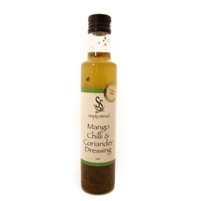 Bottle of Mango Chilli & Coriander Dressing with a white label on a white background